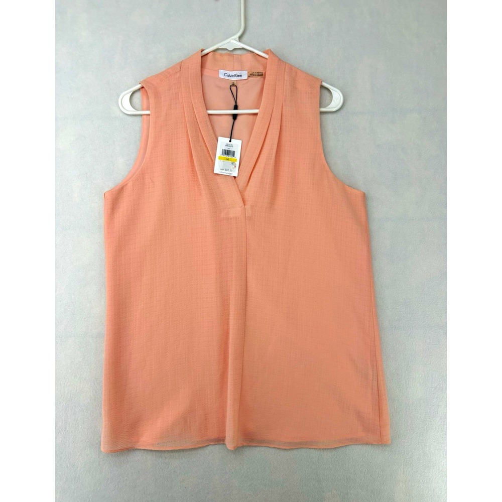 Calvin Klein Pleated Lined Woven Pullover Blouse Pink Sleeveless V-Neck Women M